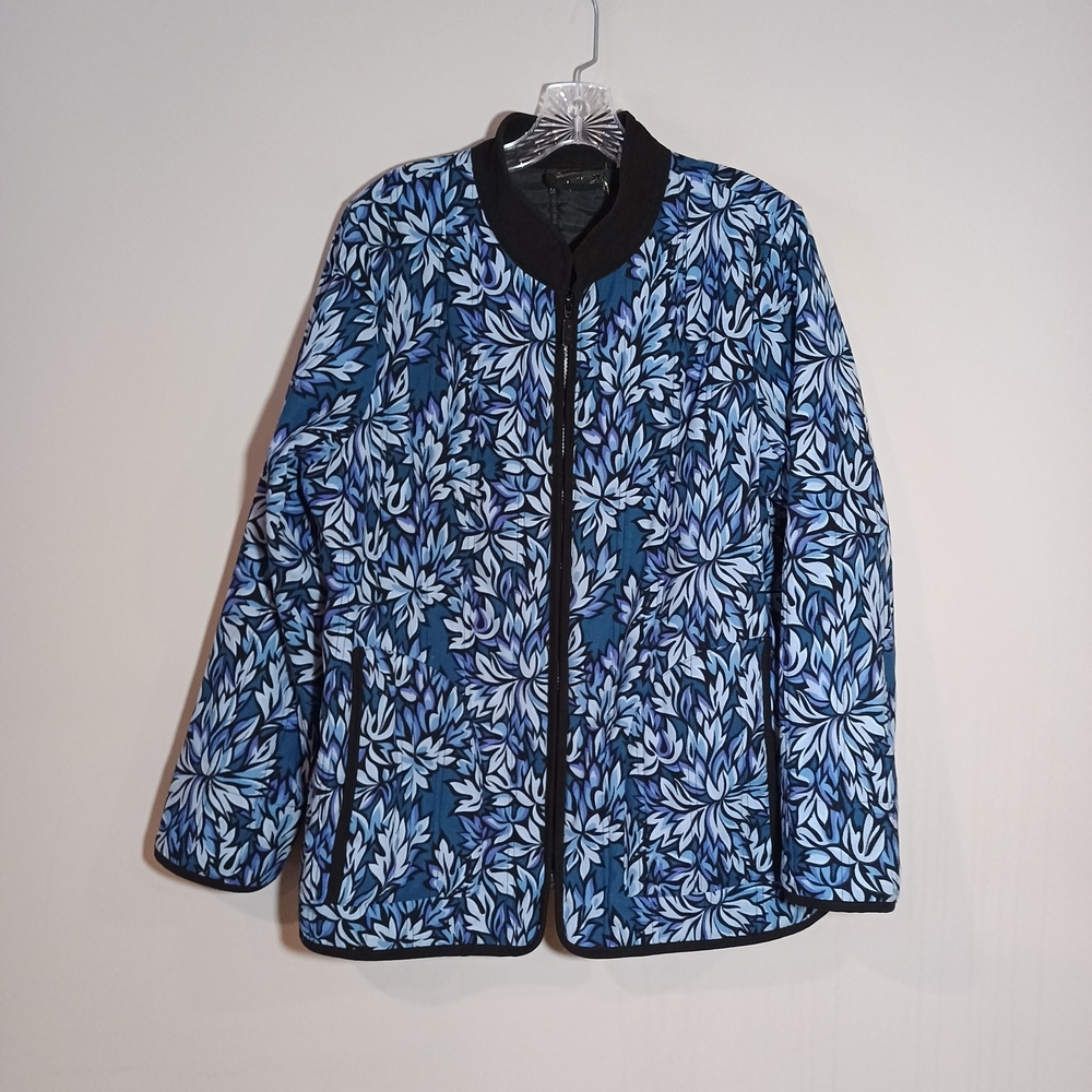 Bob Mackie Wearable Art Quilted Floral Blue Women's Jacket Size L
